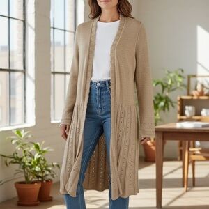 PER UNA LONG POINTELLE GOLD DUSTER SWEATER CARDIGAN SZ 14